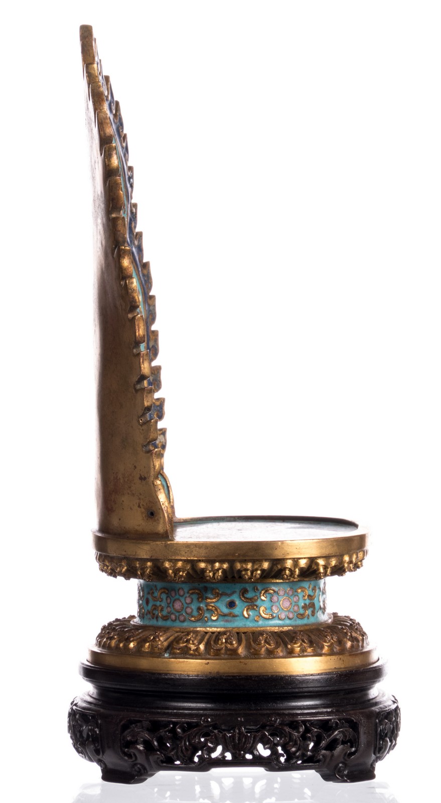 A Chinese gilt bronze cloisonné domestic altar with an aureole, floral and relief decorated, on a - Image 5 of 10