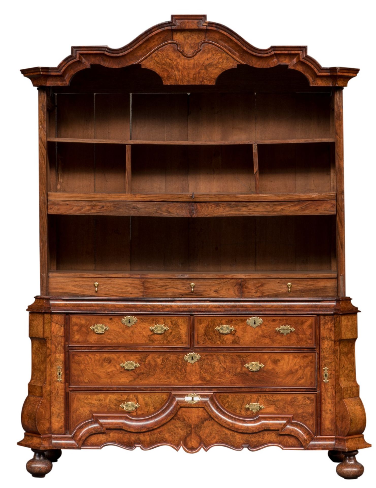 An exceptional walnut veneered Dutch cabinet, third quarter 18thC, H 248 - W 184 - D 69 cm - Bild 2 aus 18