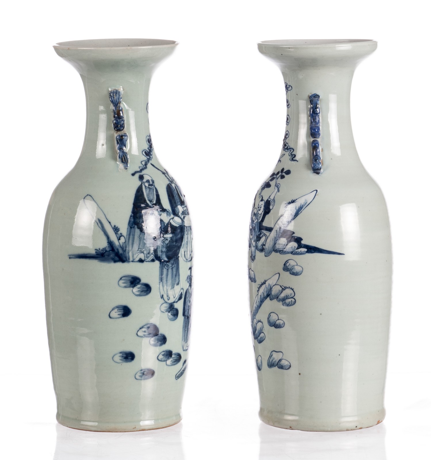 Two Chinese celadon ground blue and white vases, one with literati and one with children playing - Image 4 of 17