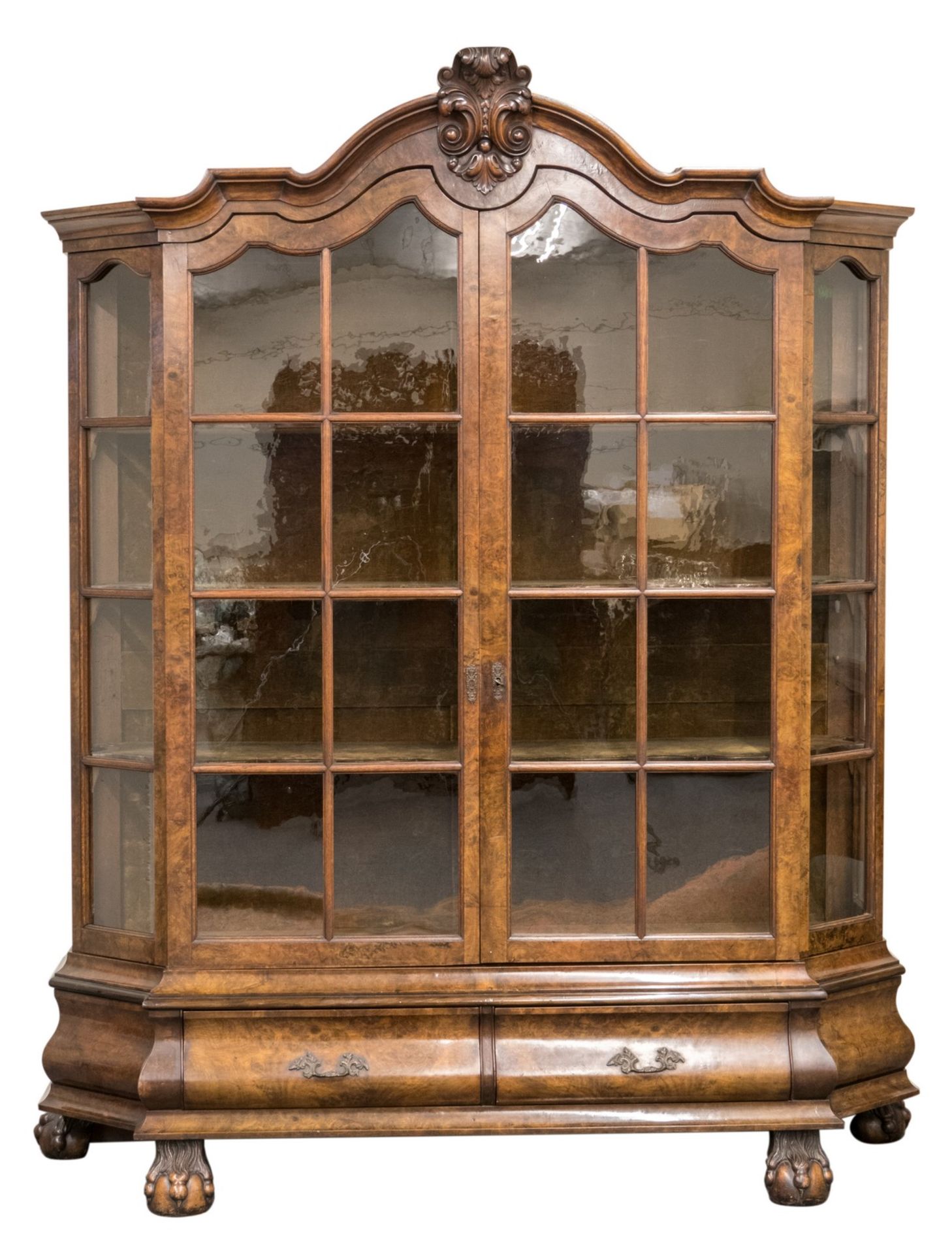 A 19thC Dutch walnut and burr veneered cabinet, claw shaped feet, H 234 - W 189 - D 64 cm