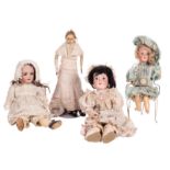 Four dolls: an English wax doll, about 1850; Simon & Halbig n° 1078, about 1900; Schoenau &
