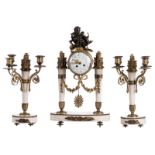 A late Nap. III three-piece neoclassical garniture in white marble and bronze, the dial