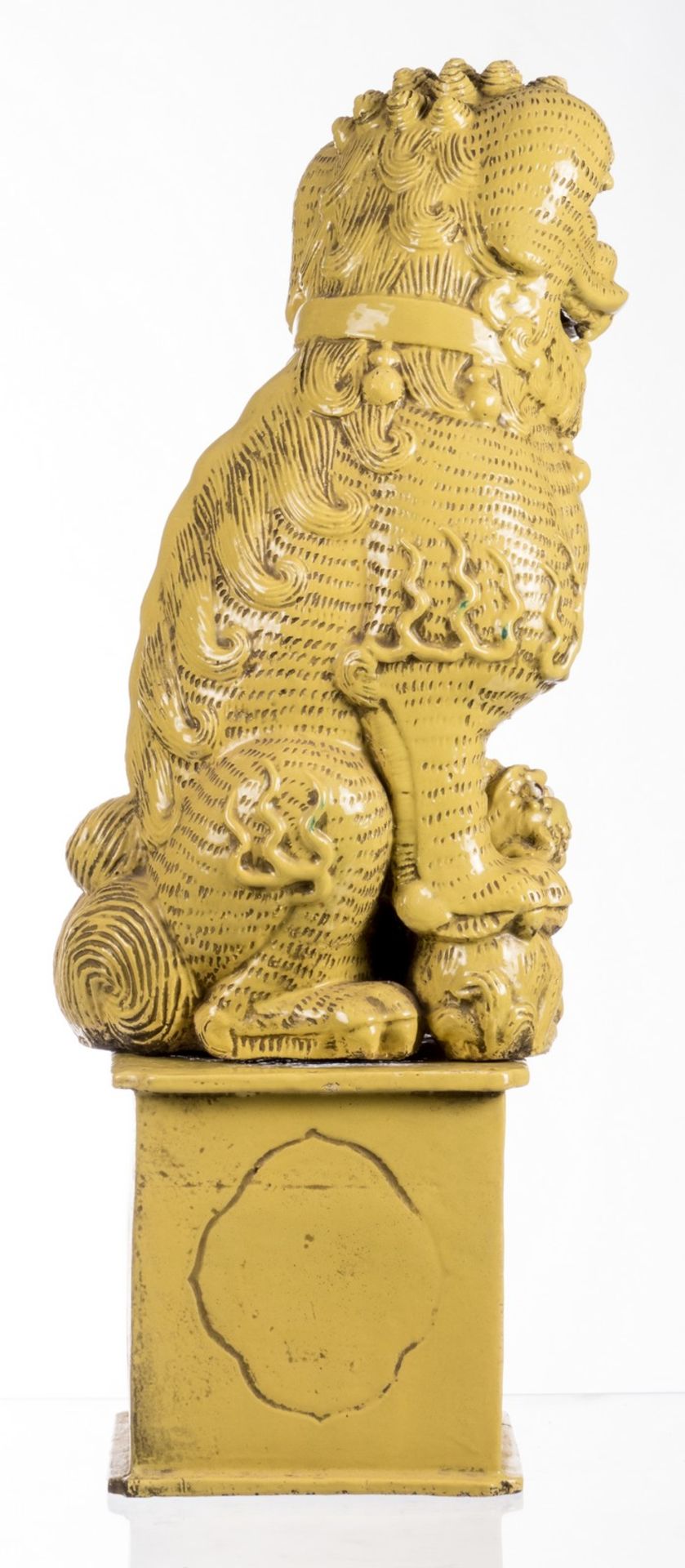 Two Chinese yellow glazed terracotta Fû-lions on a ditto base, H with base 92,5 cm, without base - Image 4 of 12