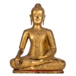 An Oriental polychrome and gilt lacquered seated bronze Buddha, 19thC, H 79 - W 63 - D 40 cm (