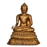 An Oriental gilt bronze Buddha, H 68 - W 55,5 cm