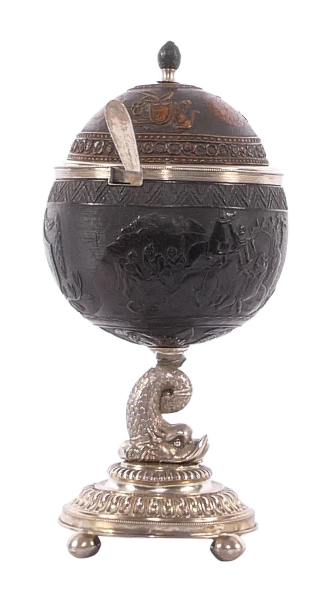 Coconut cup, basso relievo decorated with mythological scenes, owners monogram DM, with a neobaroque
