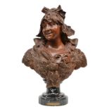 De Foret M., 'Paysanne coquette', patinated terracotta, on a French St. Anne marble base, H 68 cm