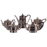 A lot of five English silver plated tea and coffee pots, Victorian, H 14 - 22 cm