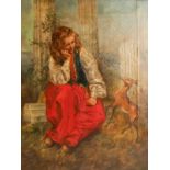 Unsigned, a girl with a deer, oil on canvas, late 19thC, 35 x 46 cm
