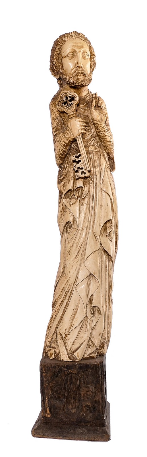 Saint Peter, patinated ivory on a Gothic revival wooden base, probably workshop Heckman Paris, early