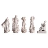 Five Chinese figures in Blanc de Chine, 19th and 20thC, H 15-21cm (damage)