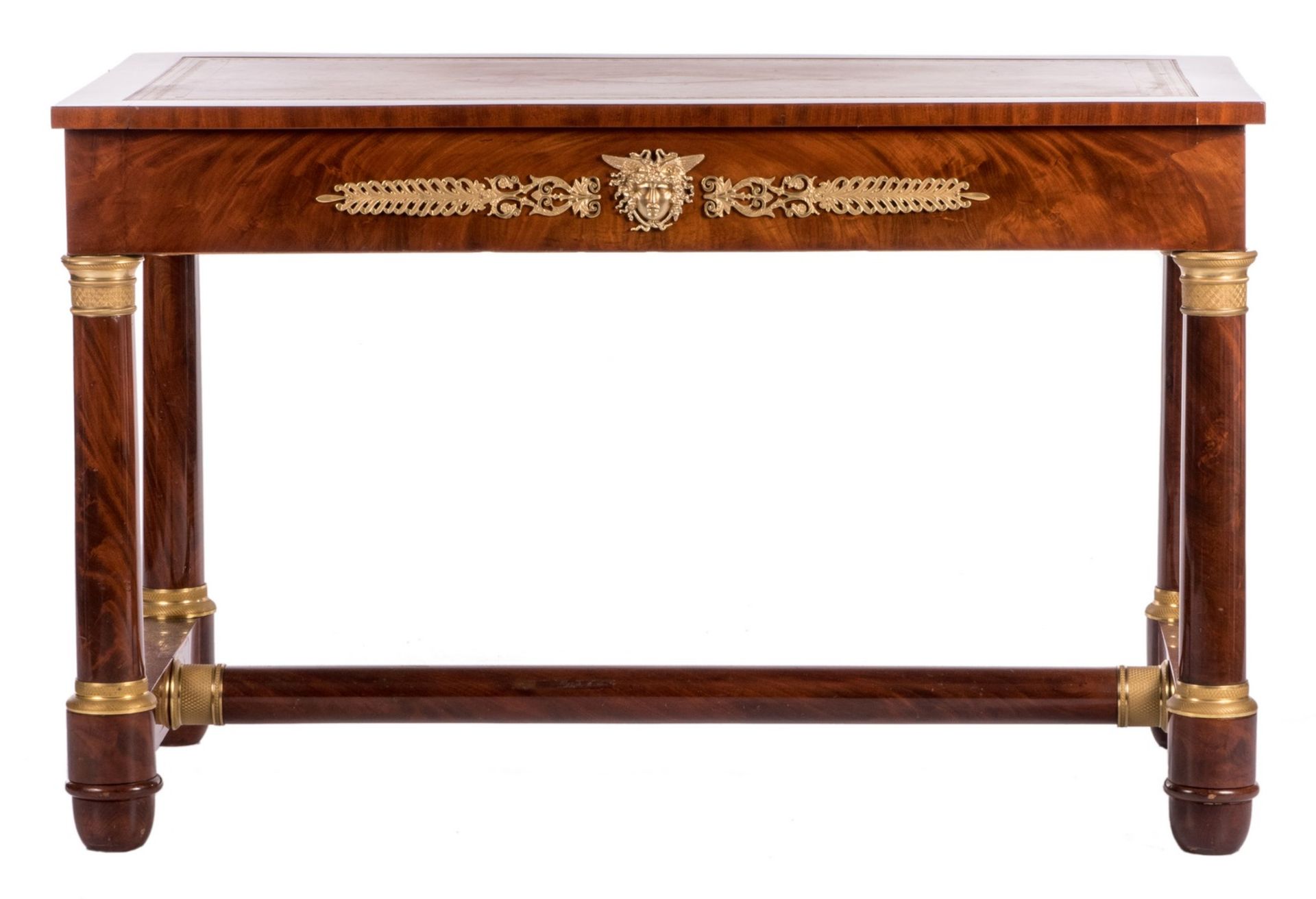 A Neoclassical mahogany writing desk with fine gilt bronze mounts and leather leaf, H 80,5 - W 127 -