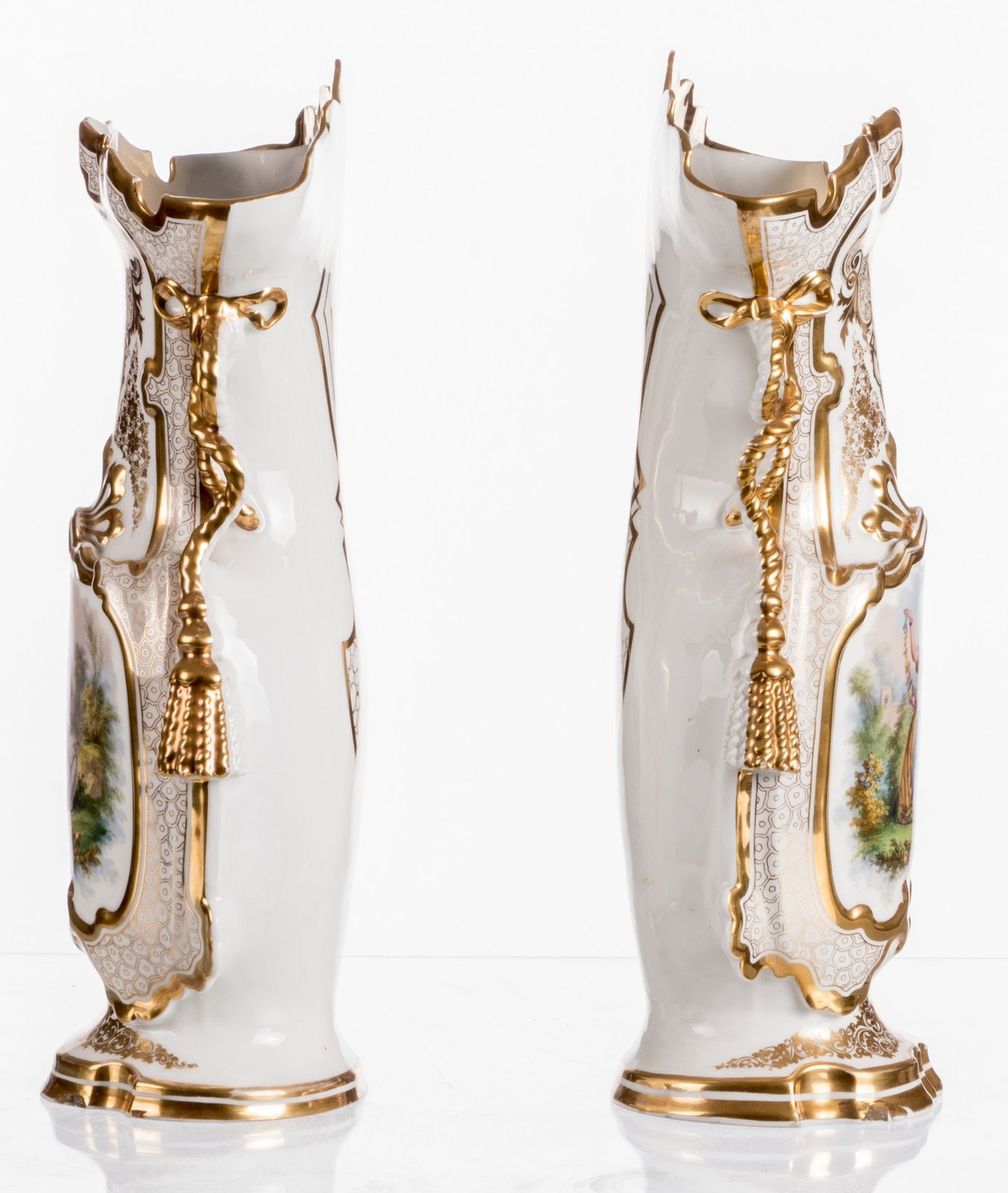 A pair of ornamental vases in Brussels porcelain depicting gallant ladies, the gold paint in good - Image 2 of 14
