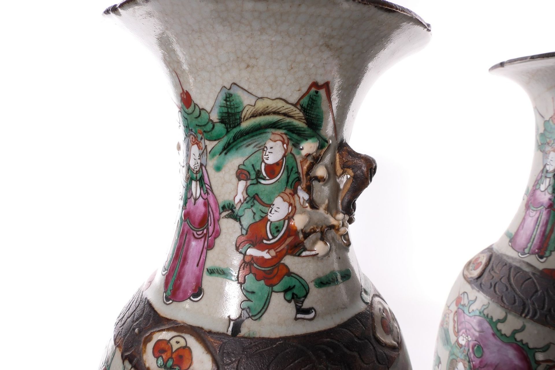 A pair of Chinese polychrome stoneware vases, decorated with warriors, marked, H 46 cm (restored) - Image 11 of 13