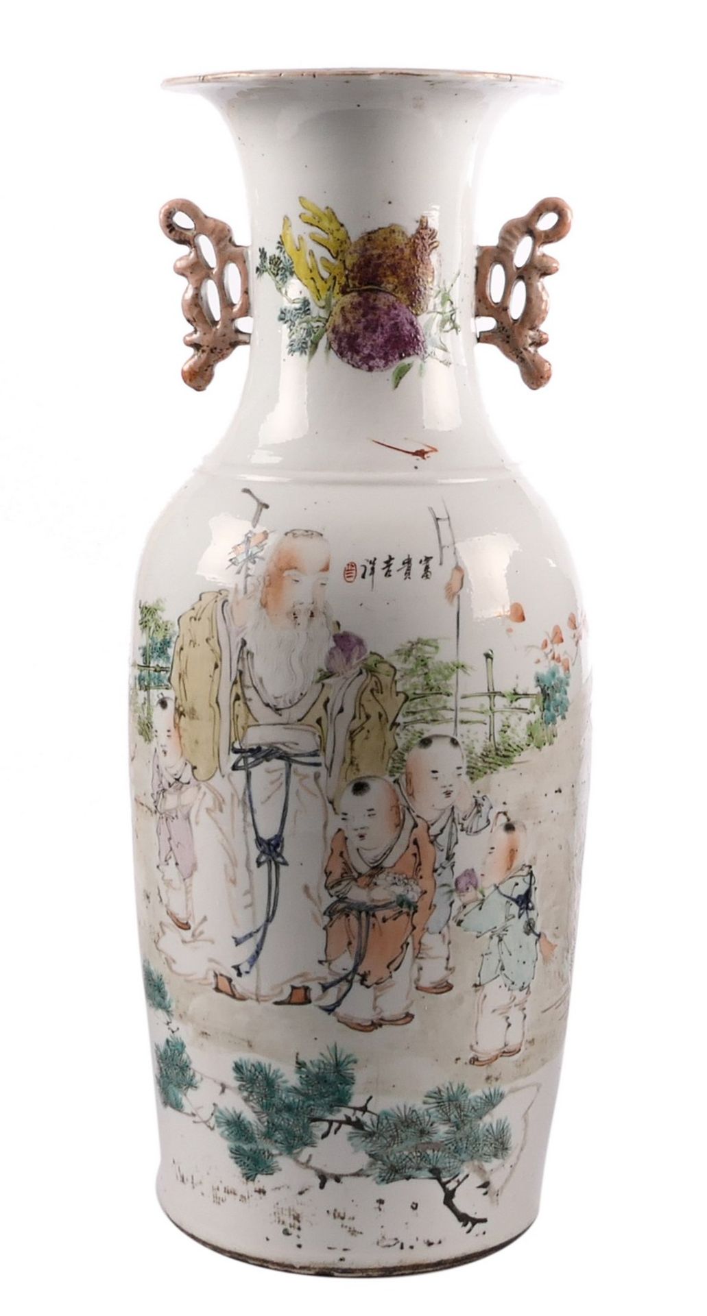 A Chinese polychrome vase, overall decorated with a sage and children in a mountainious river