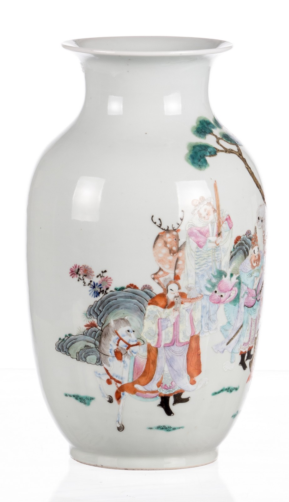 A Chinese famille rose decorated vase with an animated scene with figures and animals, marked - Image 4 of 6