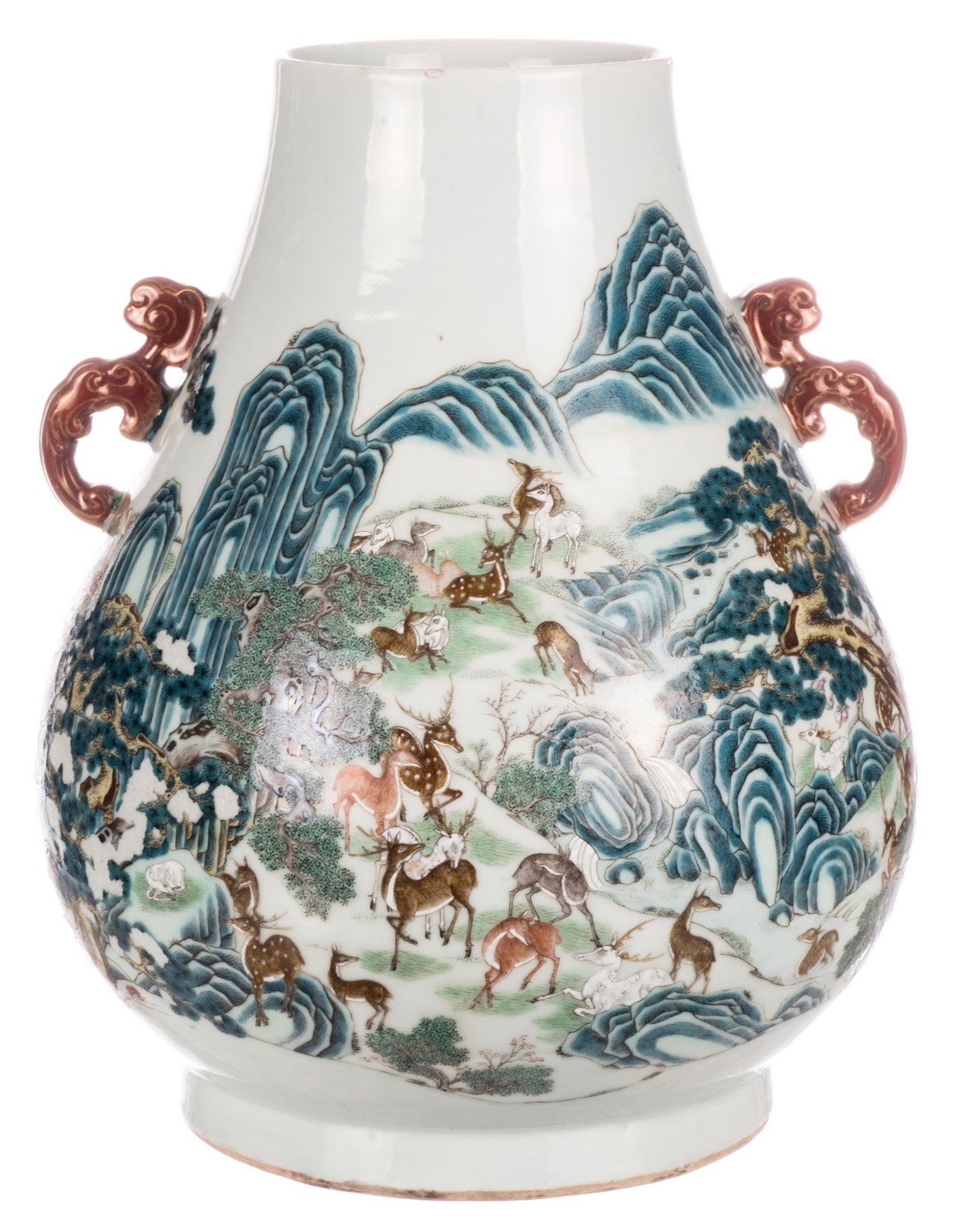 An exceptional Chinese famille rose 'hundred deer'  Hu vase, marked Qianlong, H 45,5 cm (chip on the - Image 3 of 10