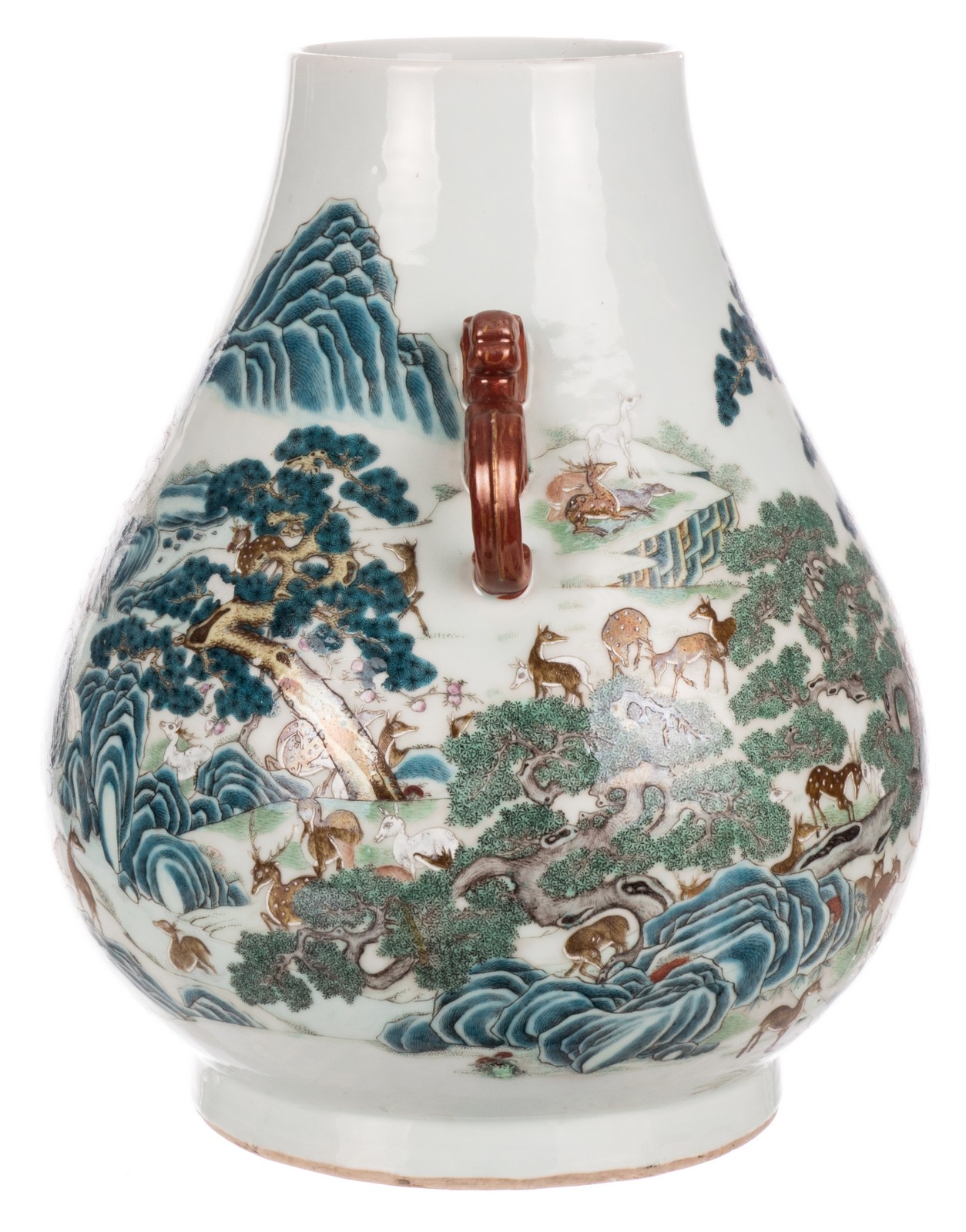 An exceptional Chinese famille rose 'hundred deer'  Hu vase, marked Qianlong, H 45,5 cm (chip on the - Image 4 of 10