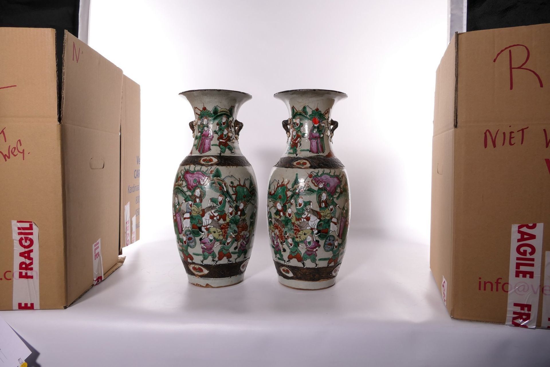 A pair of Chinese polychrome stoneware vases, decorated with warriors, marked, H 46 cm (restored) - Image 13 of 13