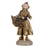 Marquet, a flower peddling girl, bronze and ivory on an onyx marble base, H 17,4 (with base) - 15,
