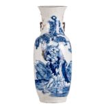 A Chinese blue and white and relief decorated stoneware vase with a savant in a landscape, marked,