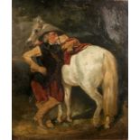 Illegibly signed (De Dreux?), rider with horse, oil on canvas, 19thC, 47 x 55 cm