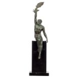 Le Faguays P., the victor, green patinated bronze on a Rance marble base, H 62 cm