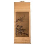 A Chinese scroll painting, ink on textile, depicting four birds on a flower branch, 54 x 102 cm