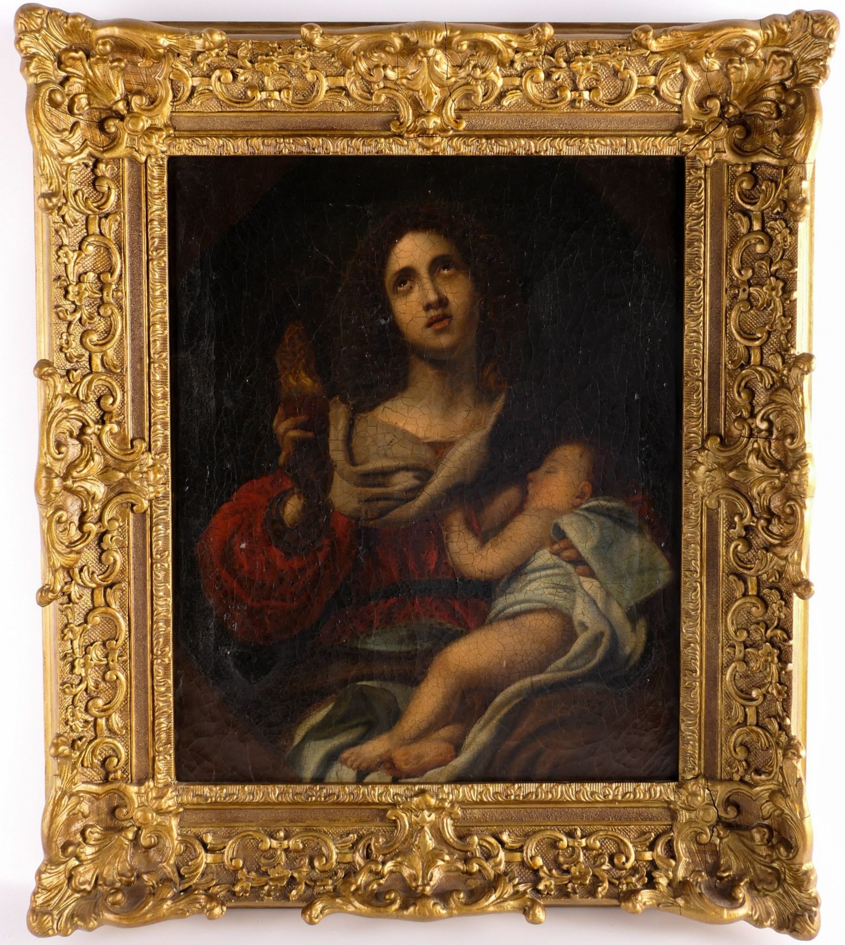 Unsigned, Our Lady of the Milk with flaming heart, oil on canvas, 18thC, 39 x 48 cm - Bild 2 aus 6