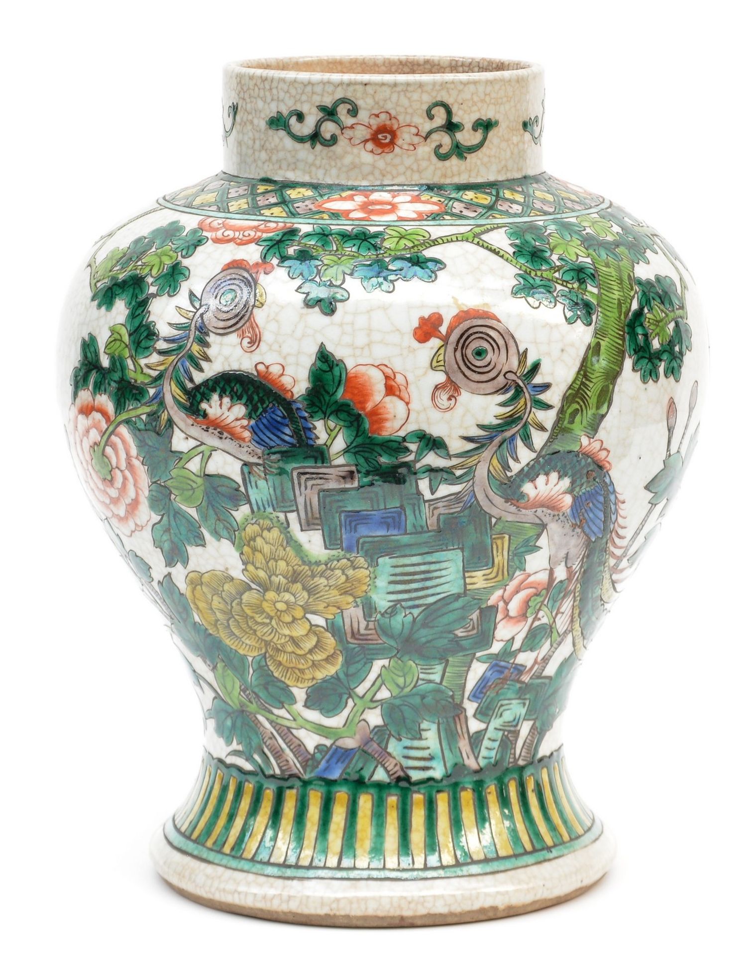 A Chinese famille verte stoneware vase with cover, marked, 19thC, H 48 cm (wooden base included) - Bild 6 aus 15