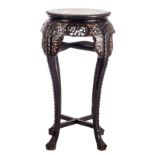 A large Chinese carved hardwood stool with mother-of-pearl inlay and a marble top, about 1900, H