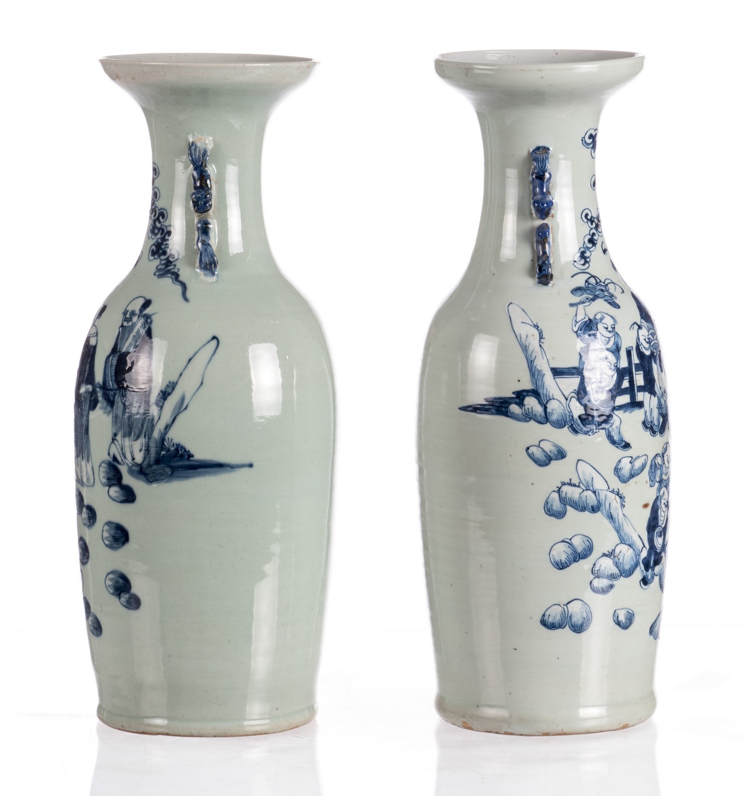 Two Chinese celadon ground blue and white vases, one with literati and one with children playing - Image 2 of 17