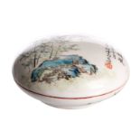 A Chinese polychrome porcelain seal pasta box and cover, decorated with bamboo branches, signed,