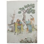 A Chinese polychrome porcelain plaque, decorated with an animated scene, signed, 19thC, 29 x 41,5