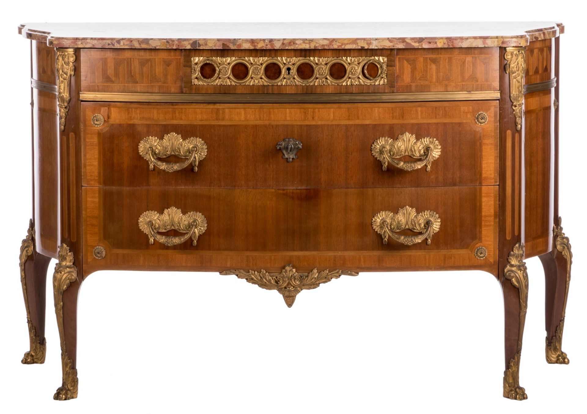 A neoclassical mahogany veneered commode, bronze mounts and a brèche d'Alep marble top, in the