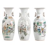 Three Chinese polychrome decorated vases with various animated scenes and calligraphic texts, H 58 -