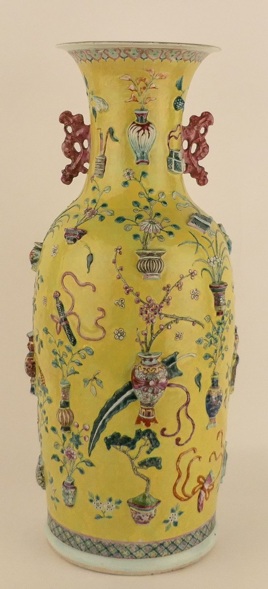 A Chinese yellow ground famille rose vase, decorated with moulded antiquities and flower branches, - Bild 3 aus 12