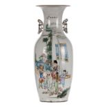 A Chinese polychrome vase, decorated with a lady and playing children on a teracce, H 58 cm