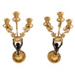 A pair of Neoclassical wall lights in gilt and patinated bronze with putti, H 24 cm - D 23,5 cm