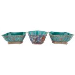 A Chinese blue ground famille rose lotus shaped bowl, decorated with dragons and flaming pearls,