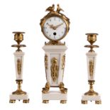 A charming neoclassical French garniture, white marble and bronze mounts, Late 19thC, H mantel clock