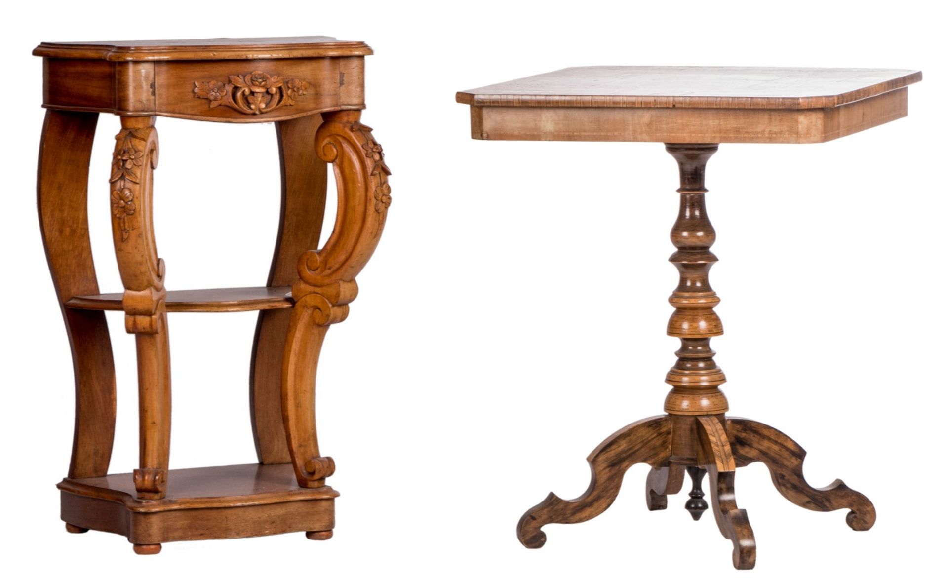 A walnut console in Louis Philippe style, H 79 - W 51 - D 35,5 cm; added a ditto Nap. III side table