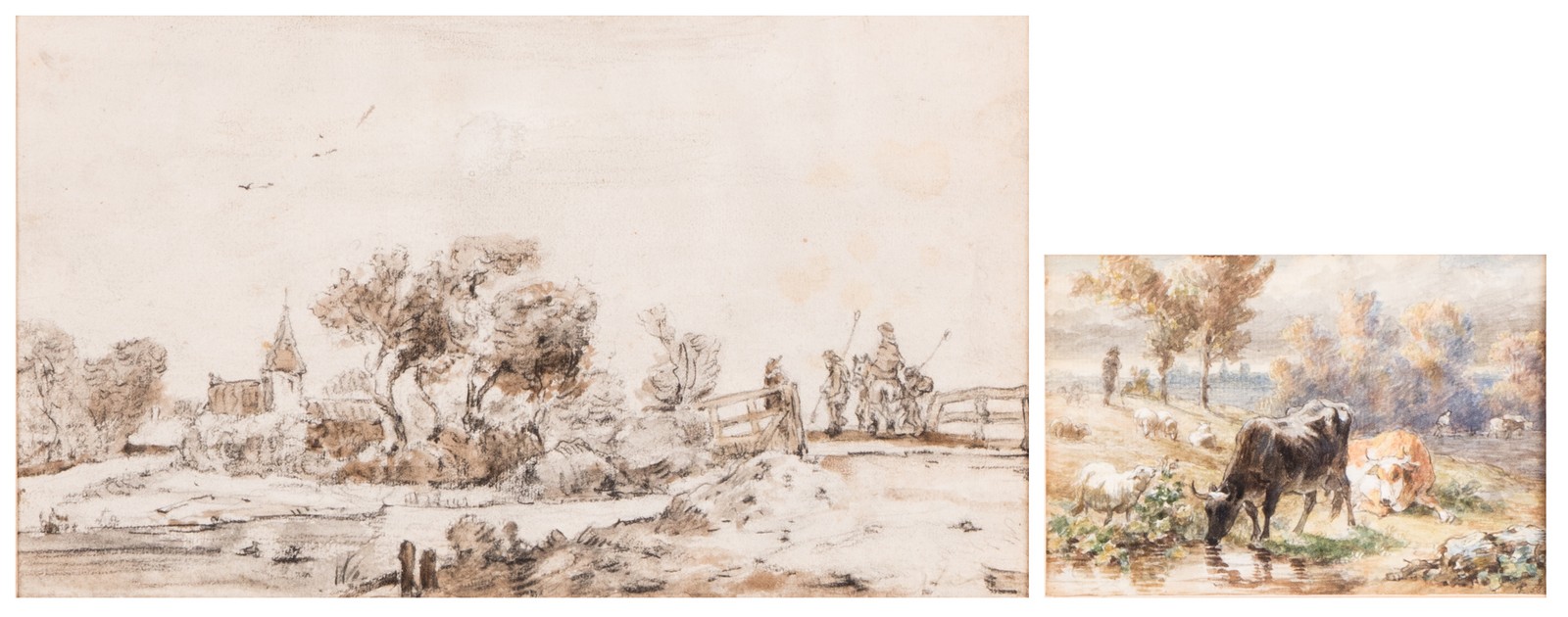 Illegibly monogrammed, cows and sheep on a watering place, watercolor, dated (18)56, 9 x 13 cm;