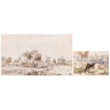 Illegibly monogrammed, cows and sheep on a watering place, watercolor, dated (18)56, 9 x 13 cm;