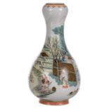 A Chinese polychrome garlic mouth bottle vase, decorated with figures in a landscape, marked, H 19,5