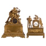 A mid 19thC bronze / brass mantel clock depicting a mythological harp player; added a ditto mantel