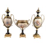 A three-piece garniture in the Sèvres manner, blue royale ground, polychrome decorated and brass