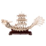 An exceptional Chinese carved ivory imperial dragon boat,ivory with coloured engraving decoration