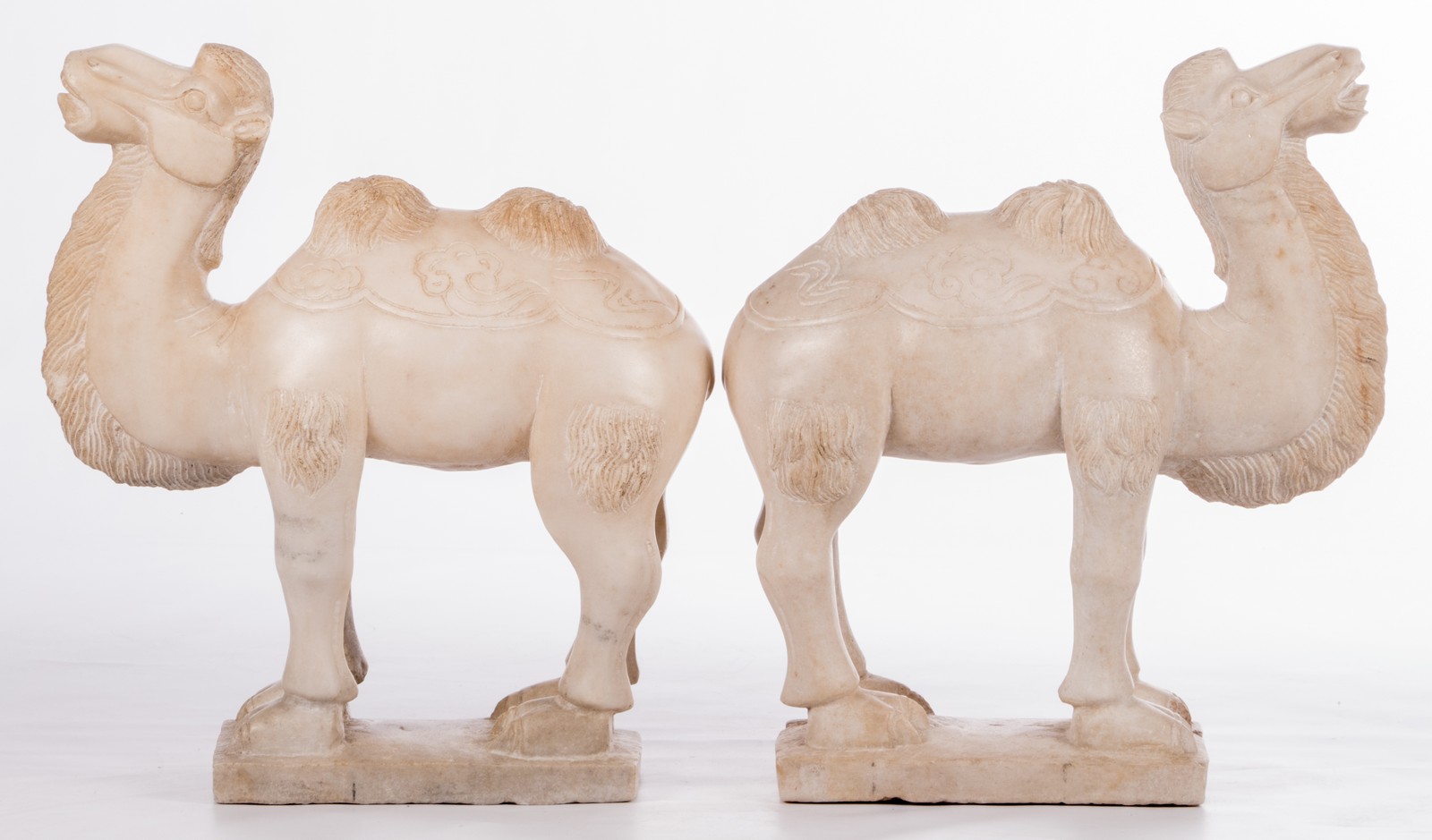 A pair of Oriental white marble carved camels, H 50,5 - 51 - D 17 - L 43,5 cm - Image 3 of 6