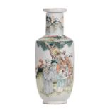 A Chinese famille rose and polychrome rouleau shaped vase, decorated with immortals, Hongxian mark